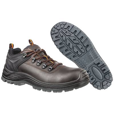 Brown leather work shoe with rubber sole; shows top view and sole profile. Suitable for construction or industrial environments.
