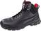 A black, ankle-high safety shoe with red inner lining and a robust sole. Suitable for working environments.