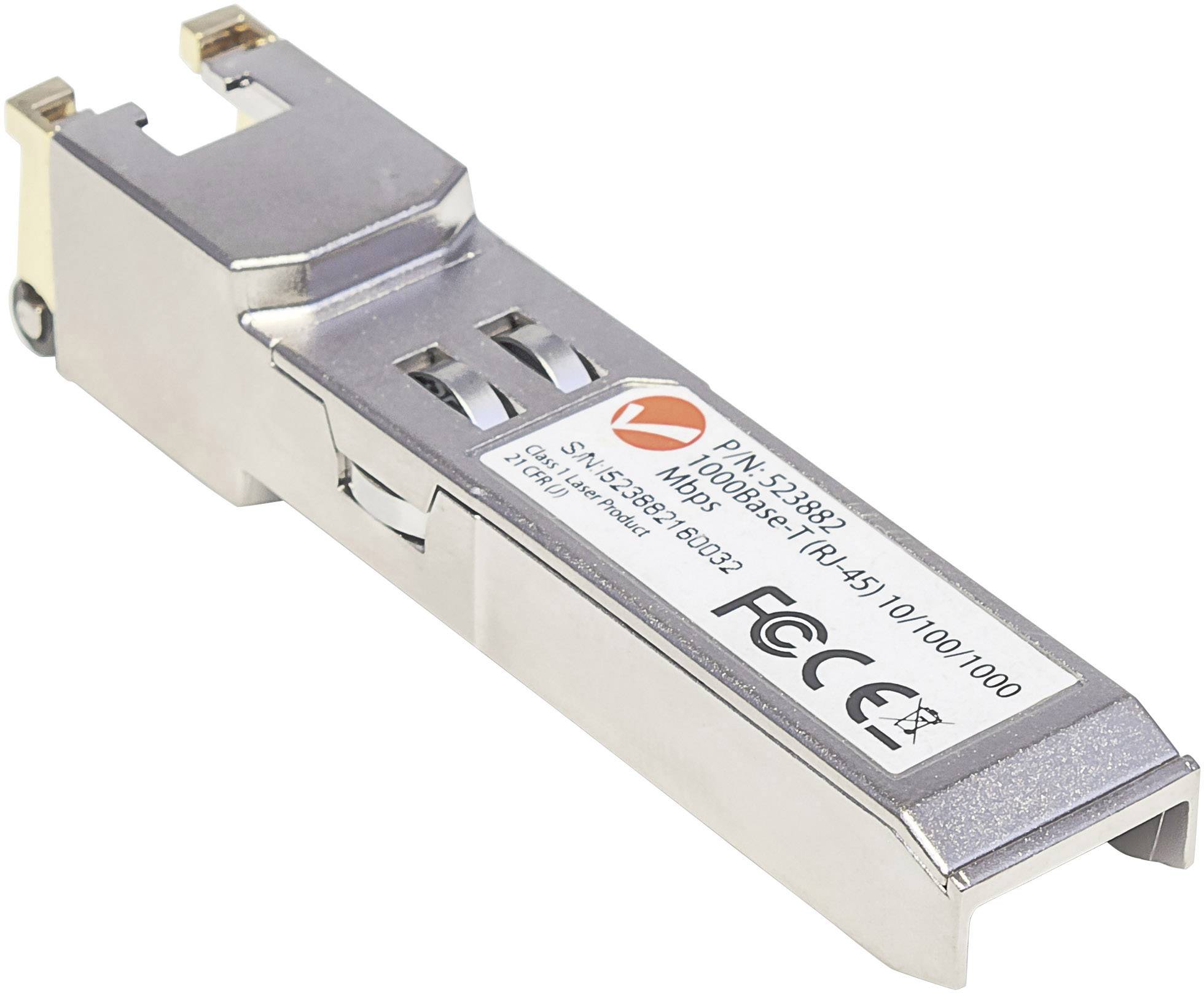 A silver network plug with a label displaying technical specifications. Suitable for data transmission in networks.