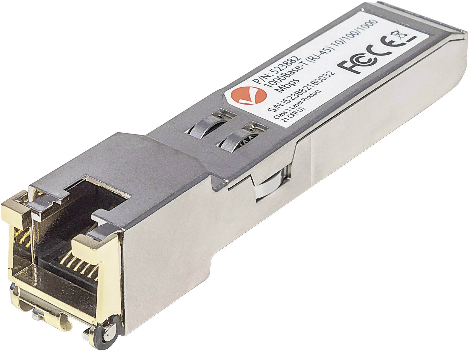 A SFP module with a metal housing and connector. It bears markings and logos for compliance such as FCC and CE.