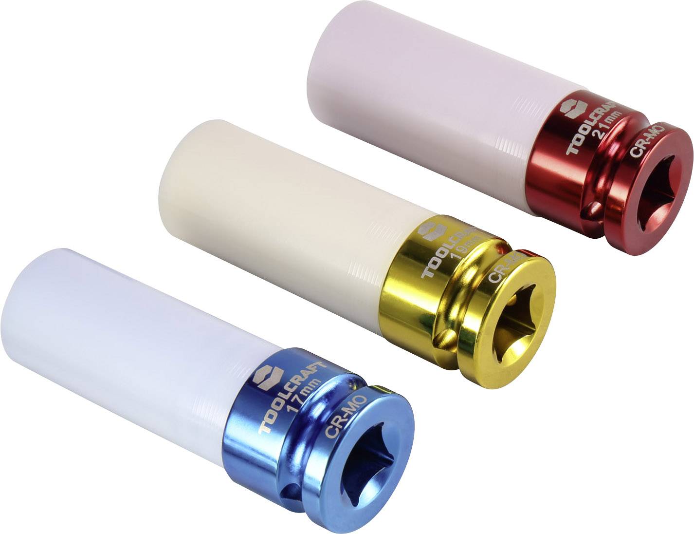 Three coloured dowel pins (blue, yellow, red) on a white background, each marked with its size: 17mm, 19mm, 21mm.