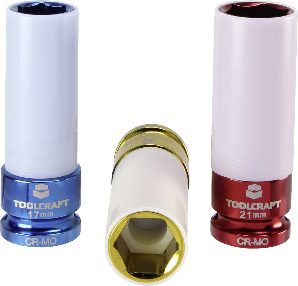 Three coloured socket wrenches with size markings: blue on the left '17 mm', red on the right '21 mm', with a gold-white tool in the middle.