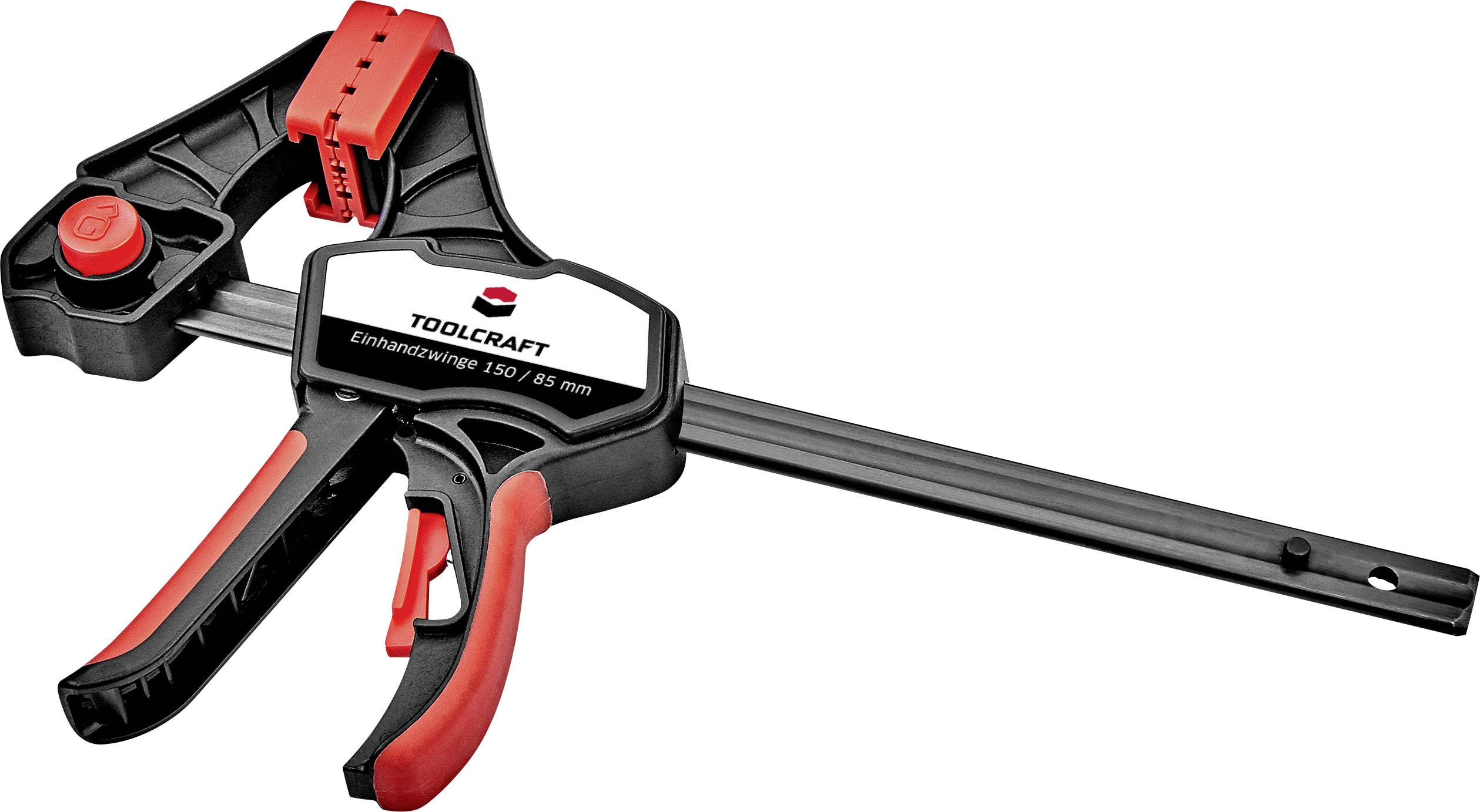Unified Toolcraft clamp made of black and red material, with a clamping range of 150/85 mm for versatile applications.