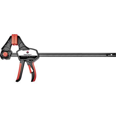 A Toolcraft G-clamp, black and red, with a clamping width of 300 mm. Suitable for securing workpieces.