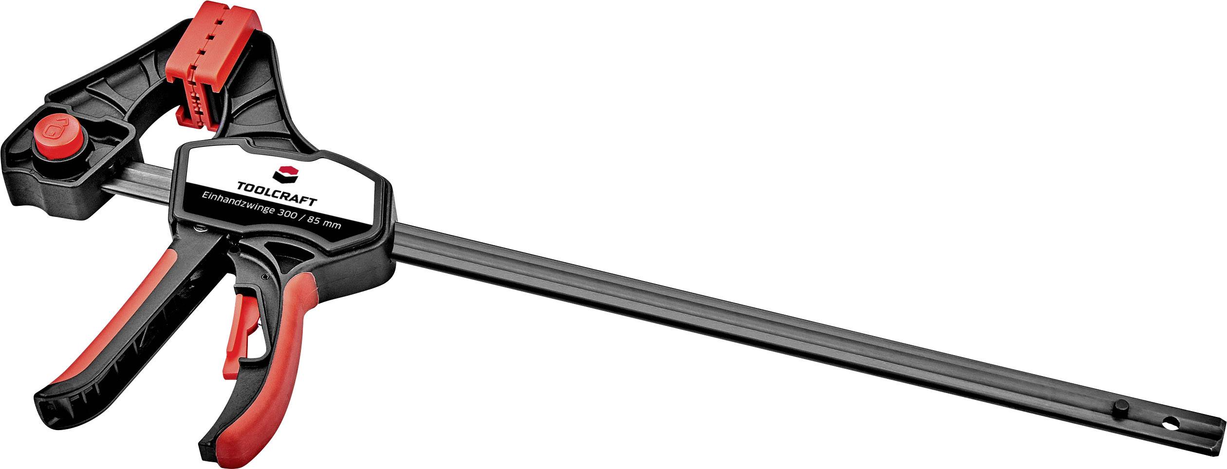 A Toolcraft G-clamp with black and red design, suitable for use in workshops or DIY projects.