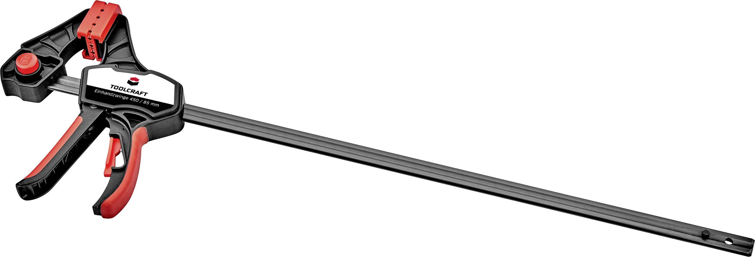 Parallel clamp with ergonomic handle, black with red details, on white background.