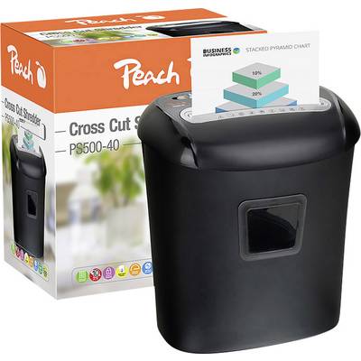 A Peach paper shredder destroys documents with a diagram displaying a stacked pyramid with percentage indicators.
