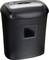 A black paper shredder with a viewing window and control button on top. Suitable for securely destroying paper documents.