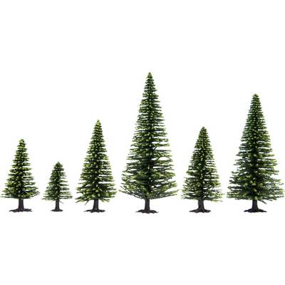 Six differently sized, green fir trees stand side by side in a row on a white background.