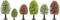 'Model trees in various shades of green and autumn colours, increasing in size from left to right. Both coniferous and deciduous trees are depicted.'