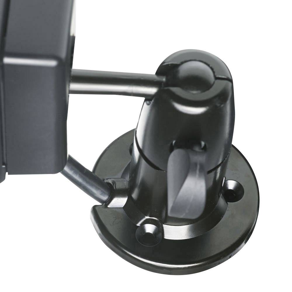 A black door stop holder with a round base, wall-mounted, to keep a door open.