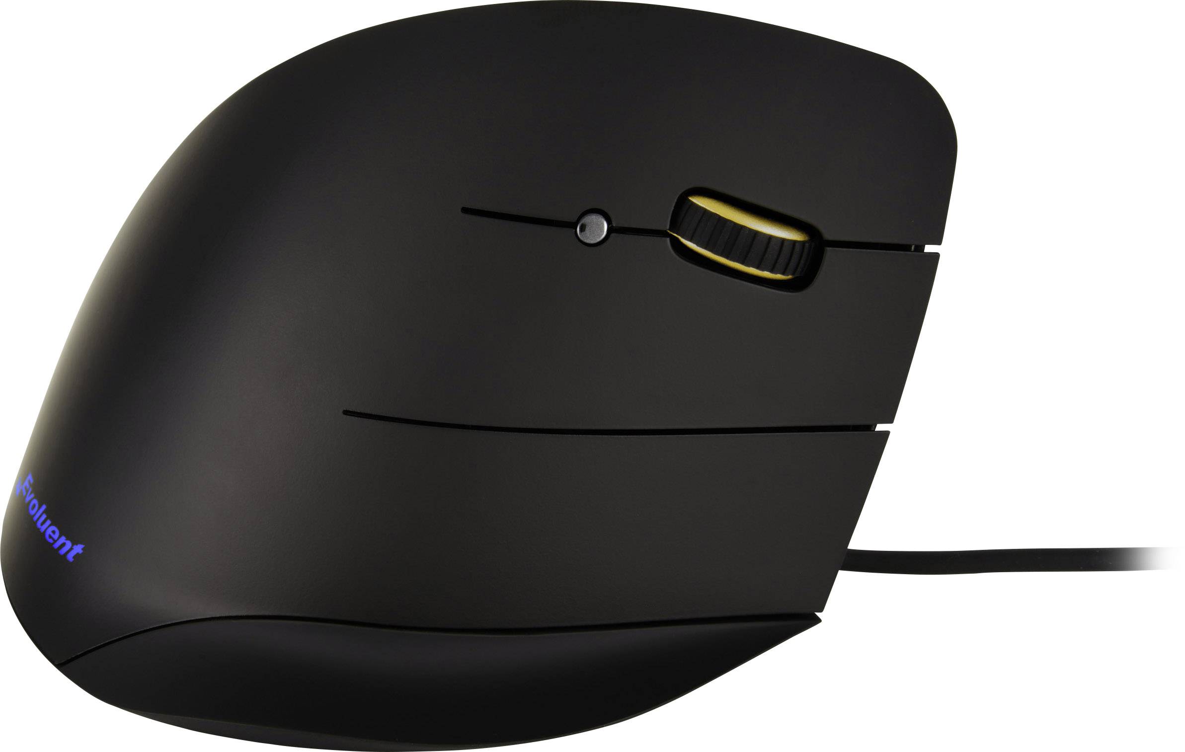 Ergonomic black computer mouse with vertical design and thumb support, connected via cable, brand name on the side.