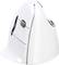 White, ergonomic, vertical computer mouse, viewed from the side, with visible scroll wheel and ergonomic design for comfort.