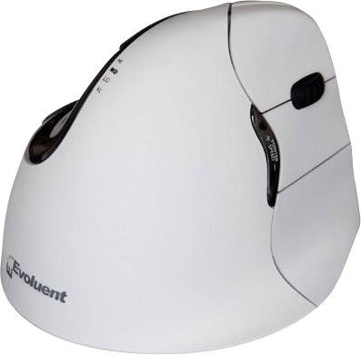 Vertical ergonomic computer mouse in white, designed for comfortable hand positioning. Buttons and scroll wheel are positioned to the side.
