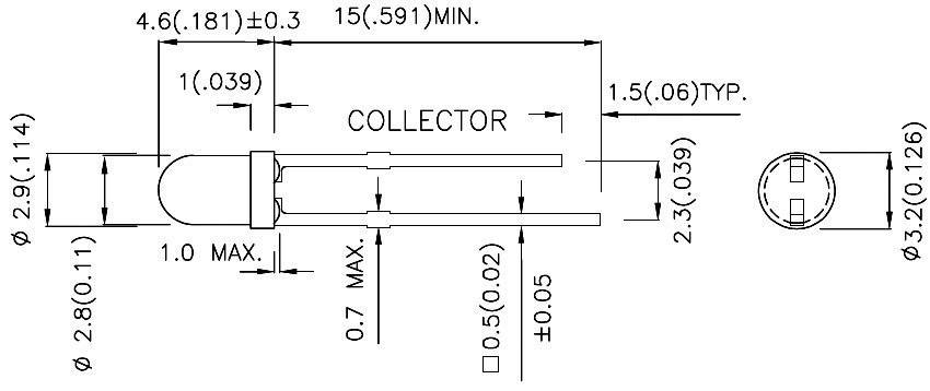 Technical drawing of an LED with dimensions in millimetres. Details of diameter, lengths, and tolerances are indicated.