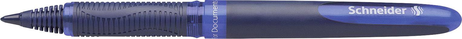 A blue ballpoint pen by Schneider, lying down, with a blue cap and a ribbed grip.