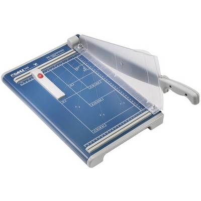 Paper cutting machine with transparent guard, blue cutting surface, and razor-sharp blade, perfect for precise cutting.