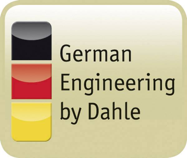 The logo displays three vertical bars in black, red and yellow with the text 'German Engineering by Dahle'.