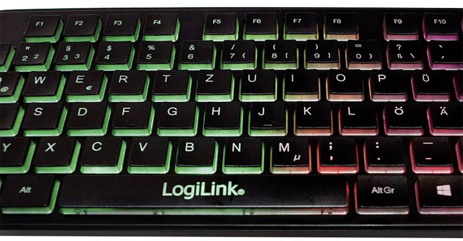 A LogiLink keyboard with colourful backlighting in green, red and yellow. German QWERTZ layout visible.