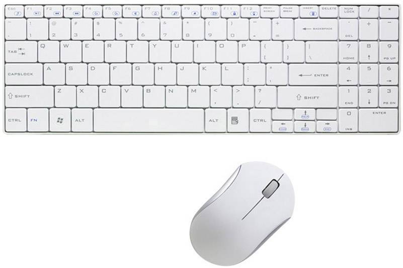 White wireless keyboard and mouse on white background.