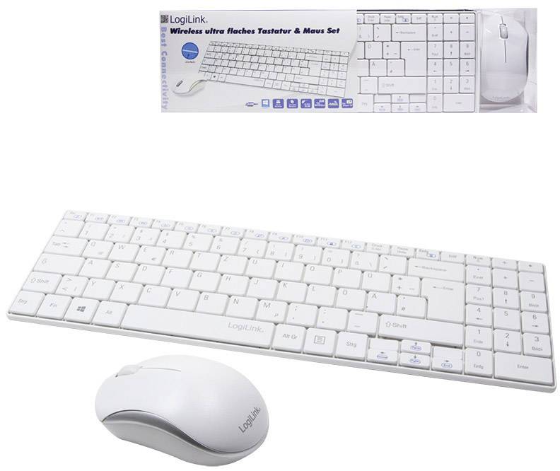 Wireless, ultra-slim keyboard and mouse set by LogiLink in white, including packaging. Ideal for space-saving working.