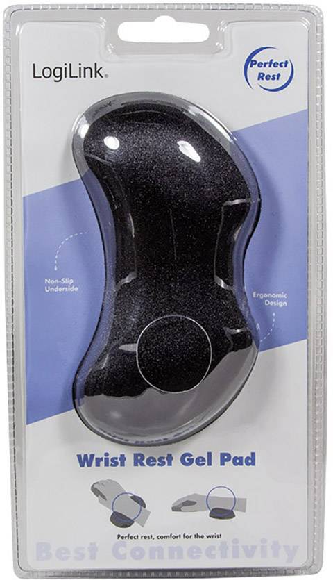 Packaging featuring a black ergonomic gel wrist rest by LogiLink, with characteristics such as a non-slip base.