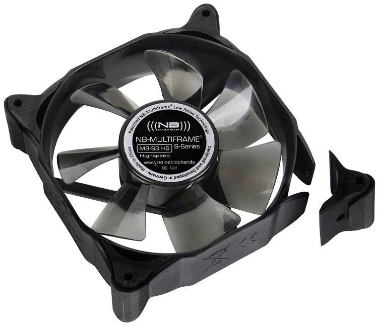 Black computer fan with multiple blades, exposed against a white background. A corner section has been removed.