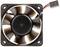 Black computer fan with seven blades, square frame and power connection cable at the side.