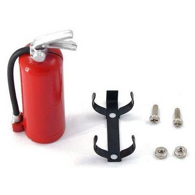 A small red fire extinguisher with a black holder and two screws with nuts are lying side by side.