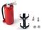 A small red fire extinguisher with a black holder and two screws with nuts are lying side by side.