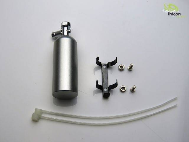 CO2 bottle with valve, metal bracket, two screws, two nuts and two cable ties, against a white background.