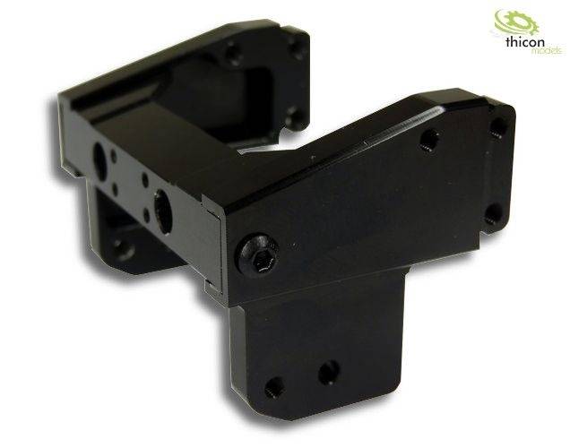 A black metal mounting bracket with screw holes, presumably part of a technical model, against a white background.