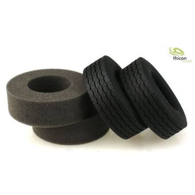 'Two black model tyres with tread and two matching foam inserts are lying side by side. The Thicon Models logo is located in the top right.'