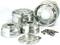 Various polished metal wheels and bolts, arranged on a white surface, offer a selection of automotive parts.