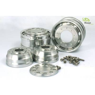 Several silver metal rims and screws are arranged neatly on a surface. A logo with the inscription 'thicon models' is located in the top right corner.