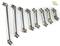 Seven metal universal joints of varying sizes for model building are laid side by side on a white surface.