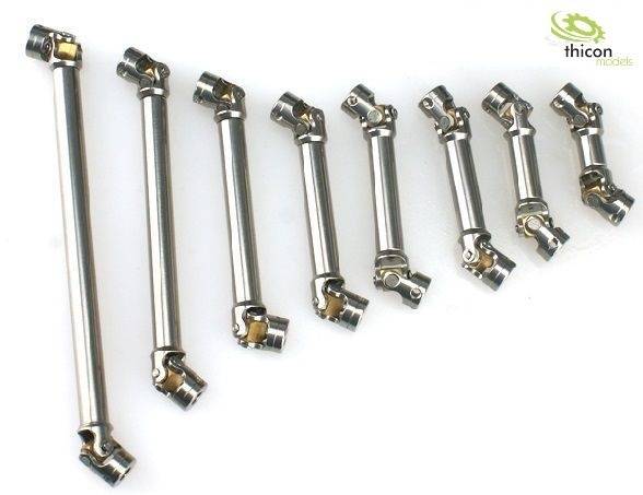 Seven metal drive shafts in various sizes, lying side by side, with the Thicon Models logo in the top right corner.