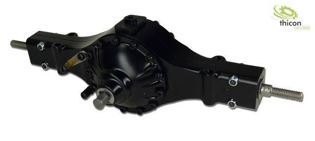 'Black mechanical assembly with central housing and lateral axes. Brand mark top right: thicon models.'