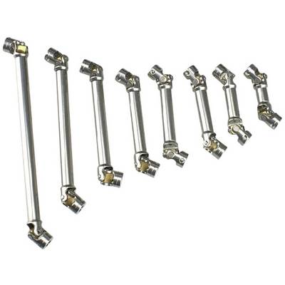 Several metal drive shafts of varying lengths arranged in a row.