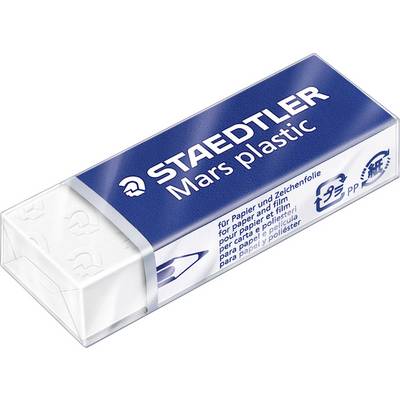 'Staedtler Mars Plastic' eraser in blue packaging, suitable for paper and film.