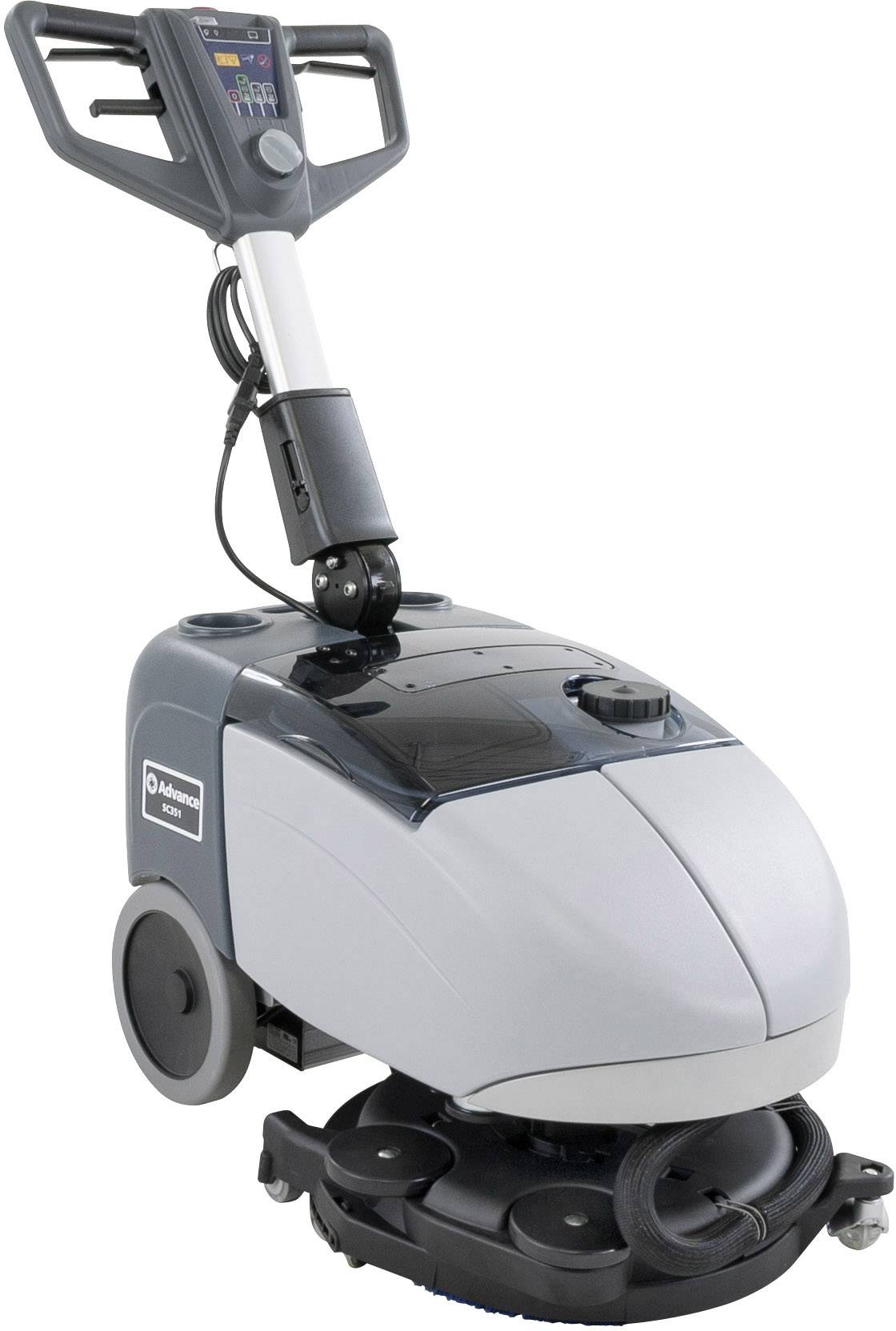 Floor cleaning machine with handle, display and large wheels, suitable for industrial cleaning applications.