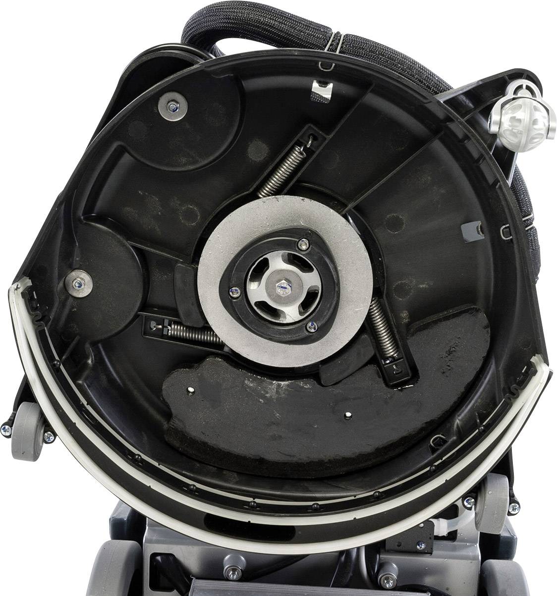 Underside of a robotic vacuum cleaner with brush head and wheels, showing mechanical components and design.