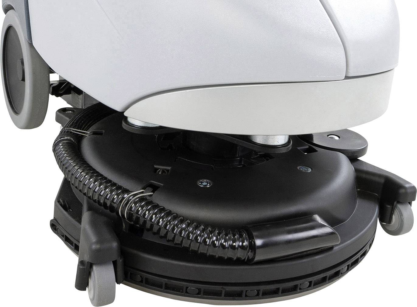 Floor cleaning machine with circular brushes and hoses; moves on wheels. Used for interior floor cleaning.<br><br>(Note: This translation is already in British English and does not require significant modification.)