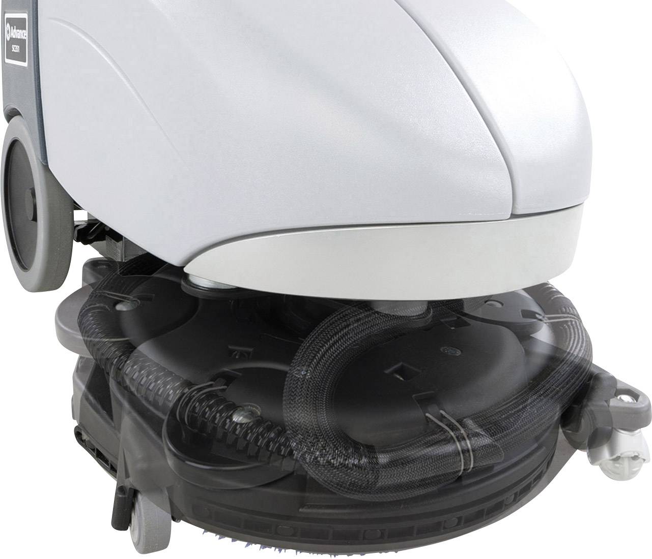 A close-up of a grey floor cleaning machine with rotating brushes underneath.