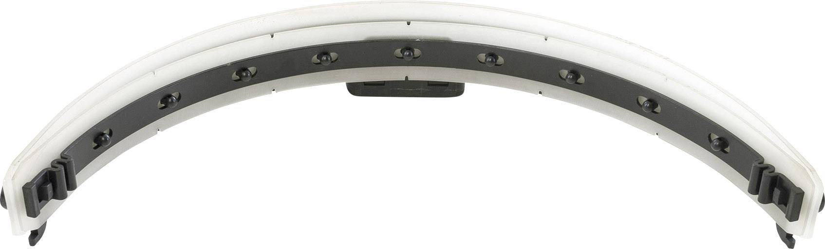 The image shows a white arched object with several small black fixings along its inner surface.