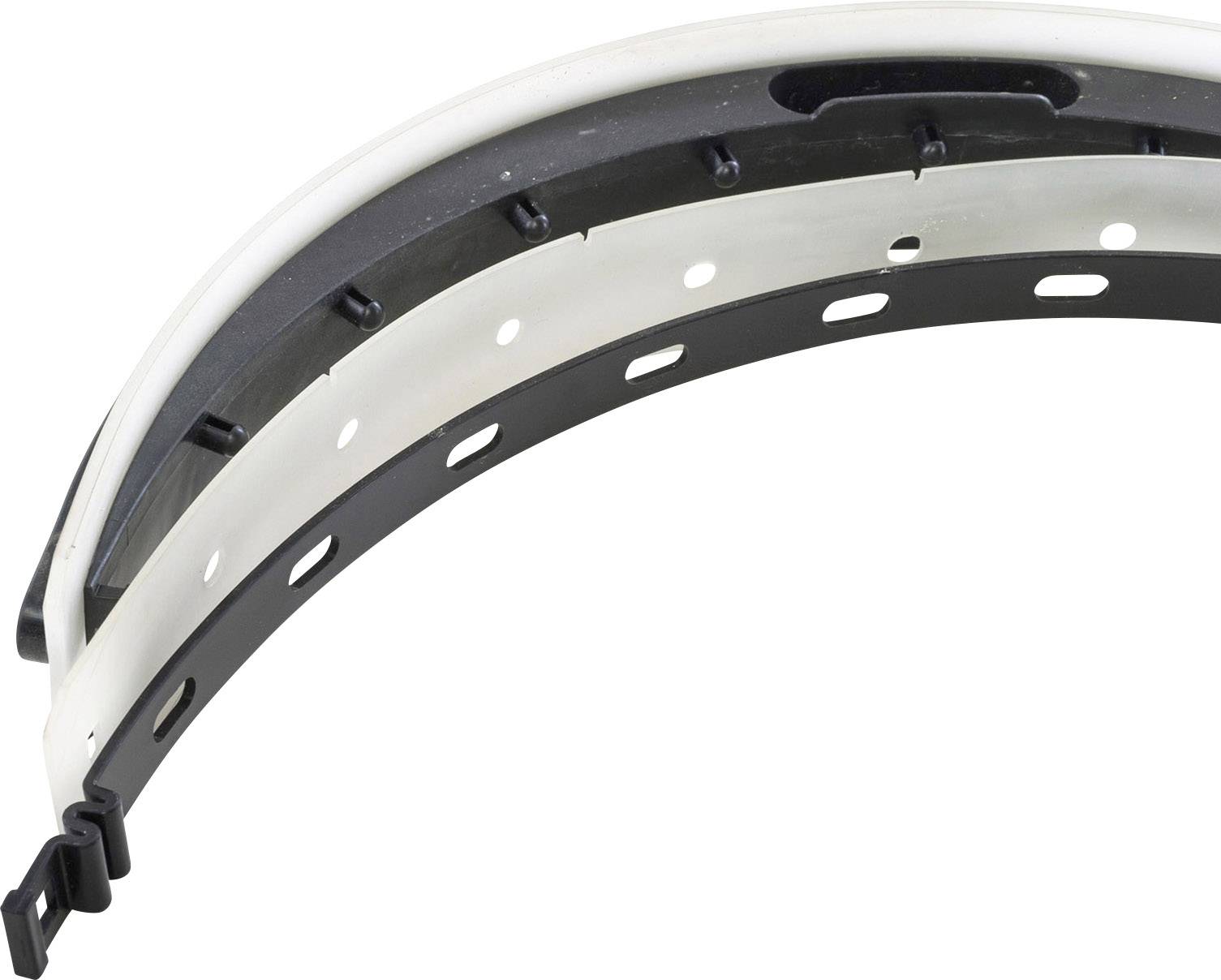 A curved plastic component with multiple layers and holes, potentially part of a protective helmet or similar protective equipment.