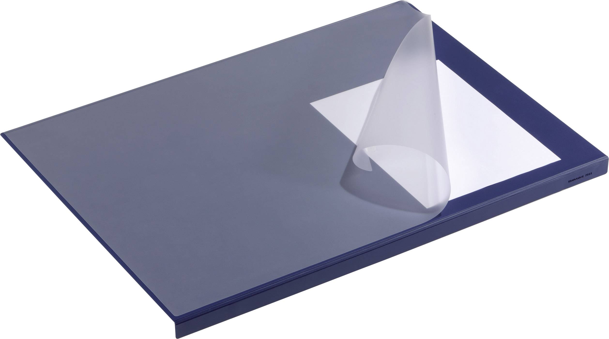 A blue presentation folder with a transparent cover sheet, partially revealing a white sheet of paper.