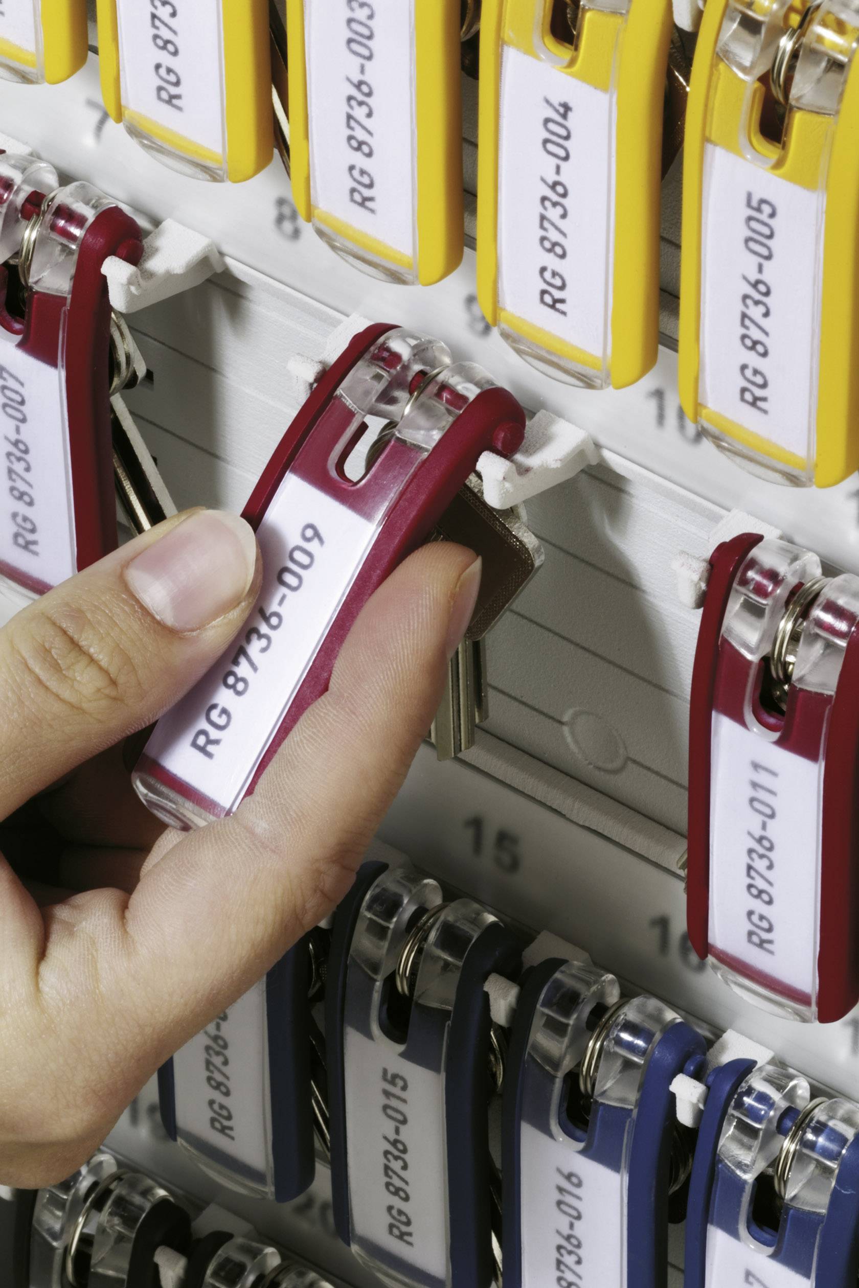 A hand removes a red key fob from a key cabinet. The fob is marked with the label 'RG 8736-009'.
