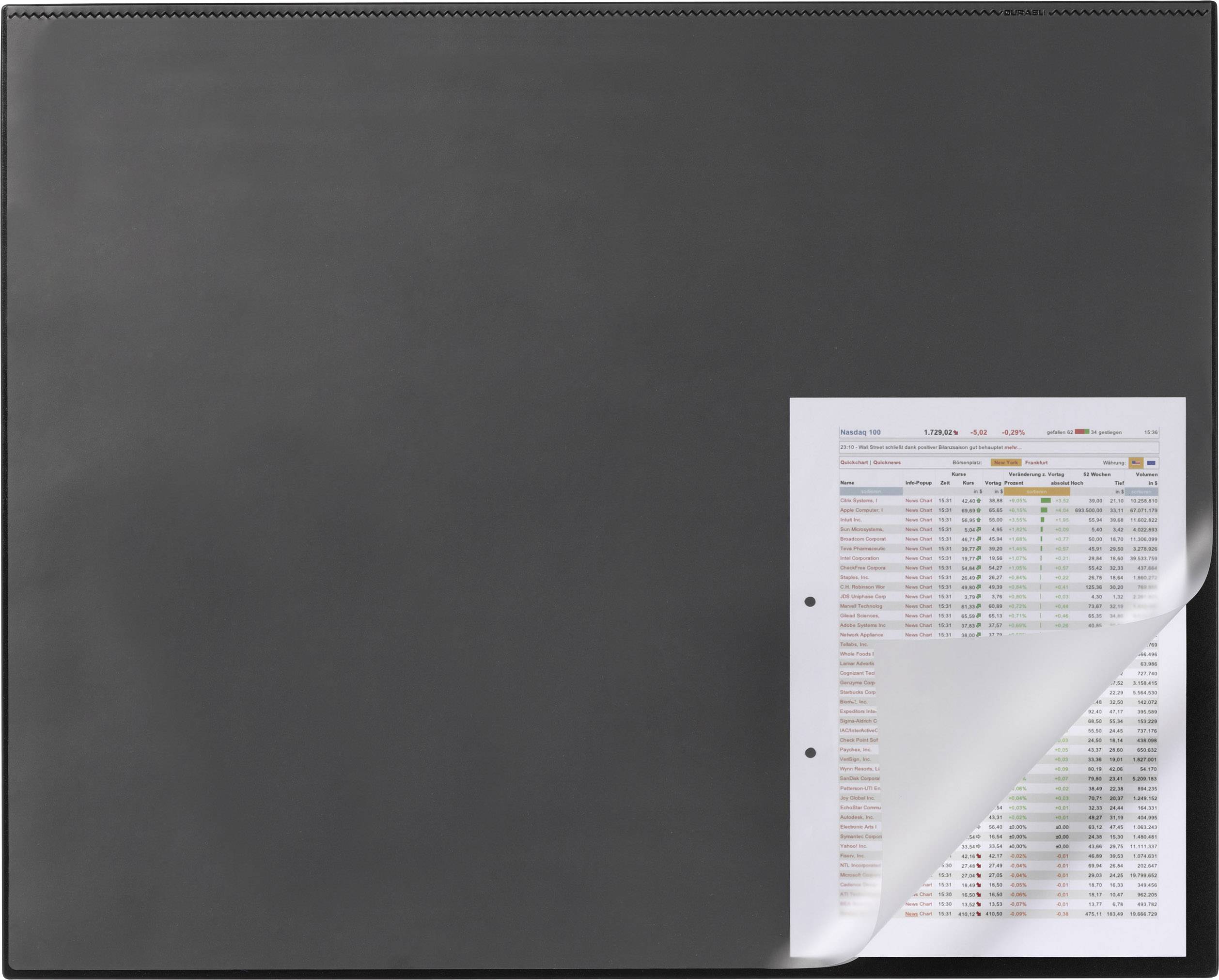 A black desk mat with a folded corner reveals a bevelled, multi-column document with numbers and coloured markings.