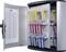 An open key cabinet with multiple key hooks, with colourful key fobs hanging from them; on the left, a list with labels.